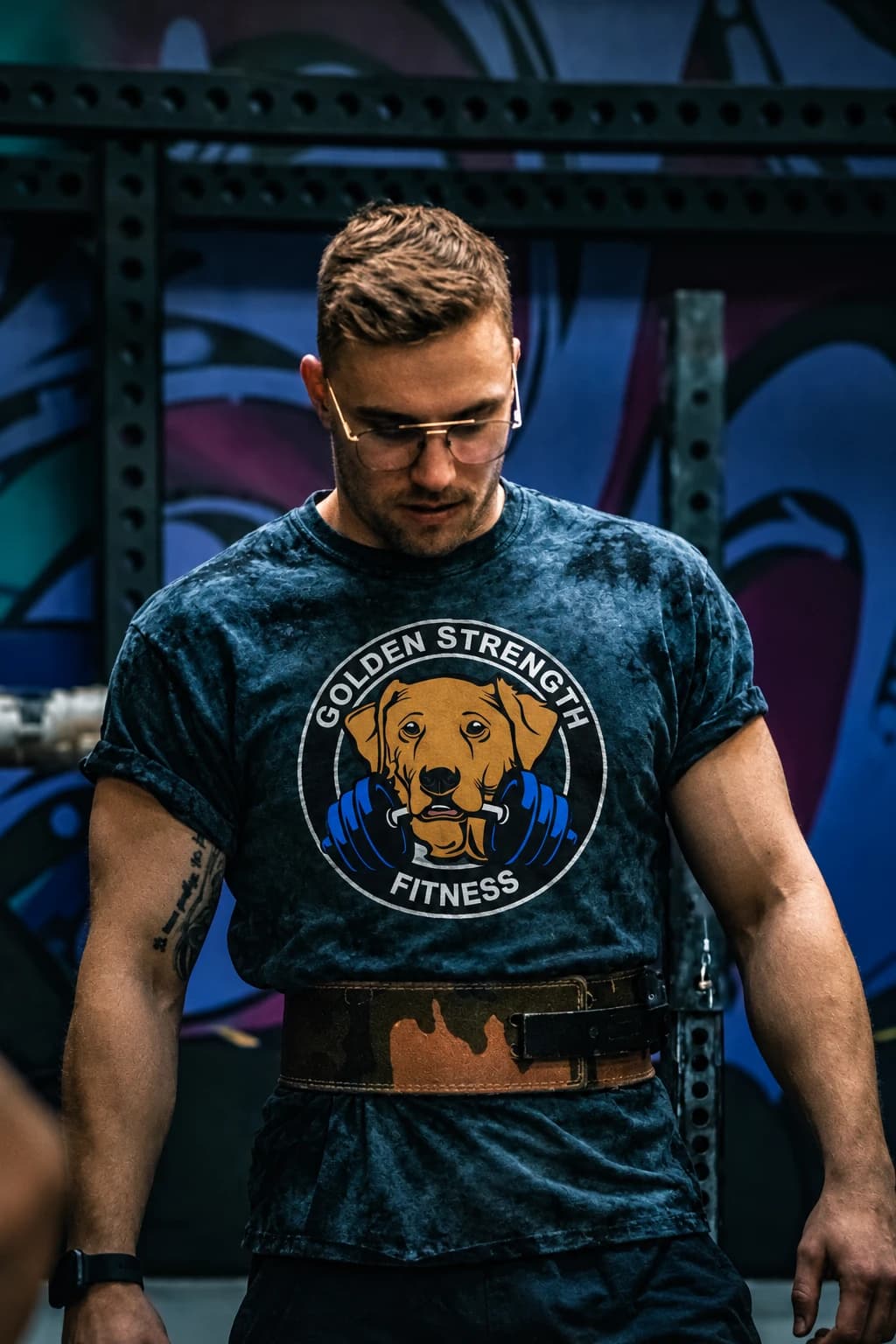 Shandy Donaldson in a Golden Strength Fitness shirt and lifting belt